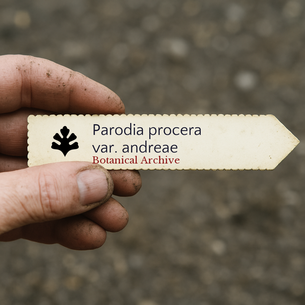 Printed plant label for Parodia procera var. andreae held by hand with soil background