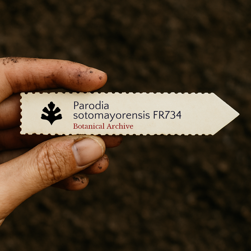 Etichetta stampata per pianta di Parodia sotomayorensis FR734 tenuta sopra uno sfondo di terra