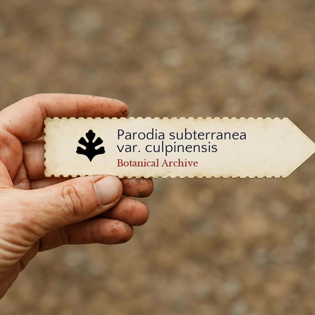 Printed plant label for Parodia subterranea var. culpinensis held by hand with dirt background
