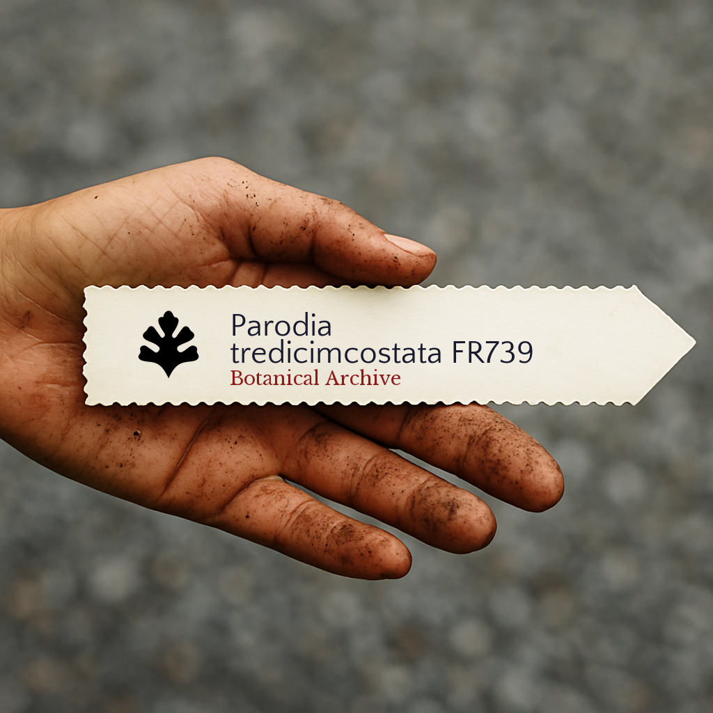 Printed plant label for Parodia tredicimcostata FR739 held in dirty hand