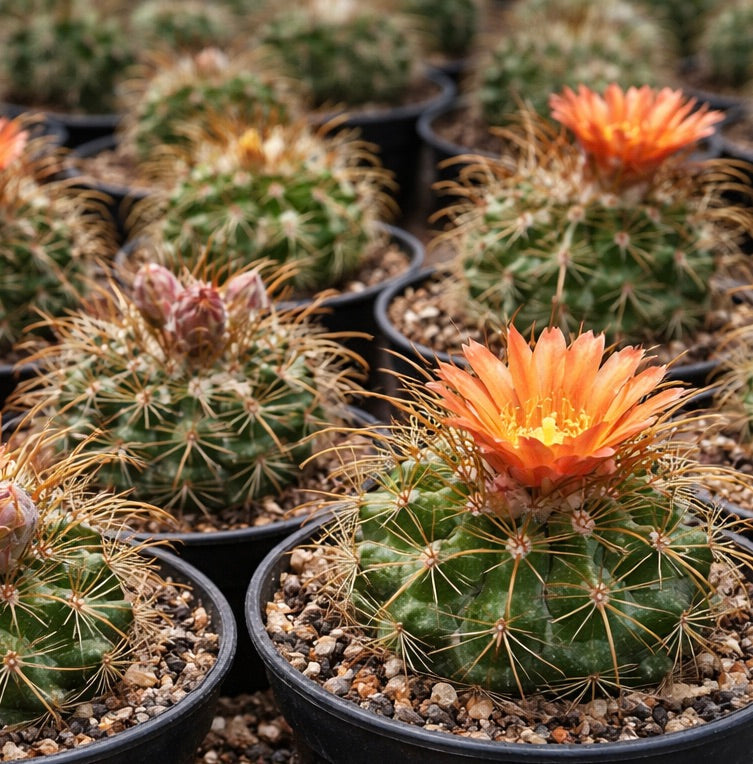 Parodia lecoriensis cactus with orange flower and long spines in small pots