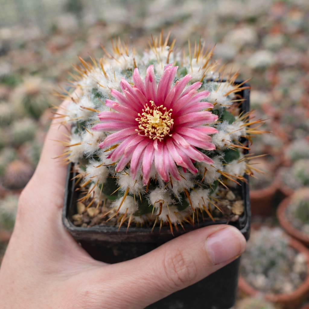 Parodia ocampoi cactus with pink flower and golden spines in small black pot held by hand