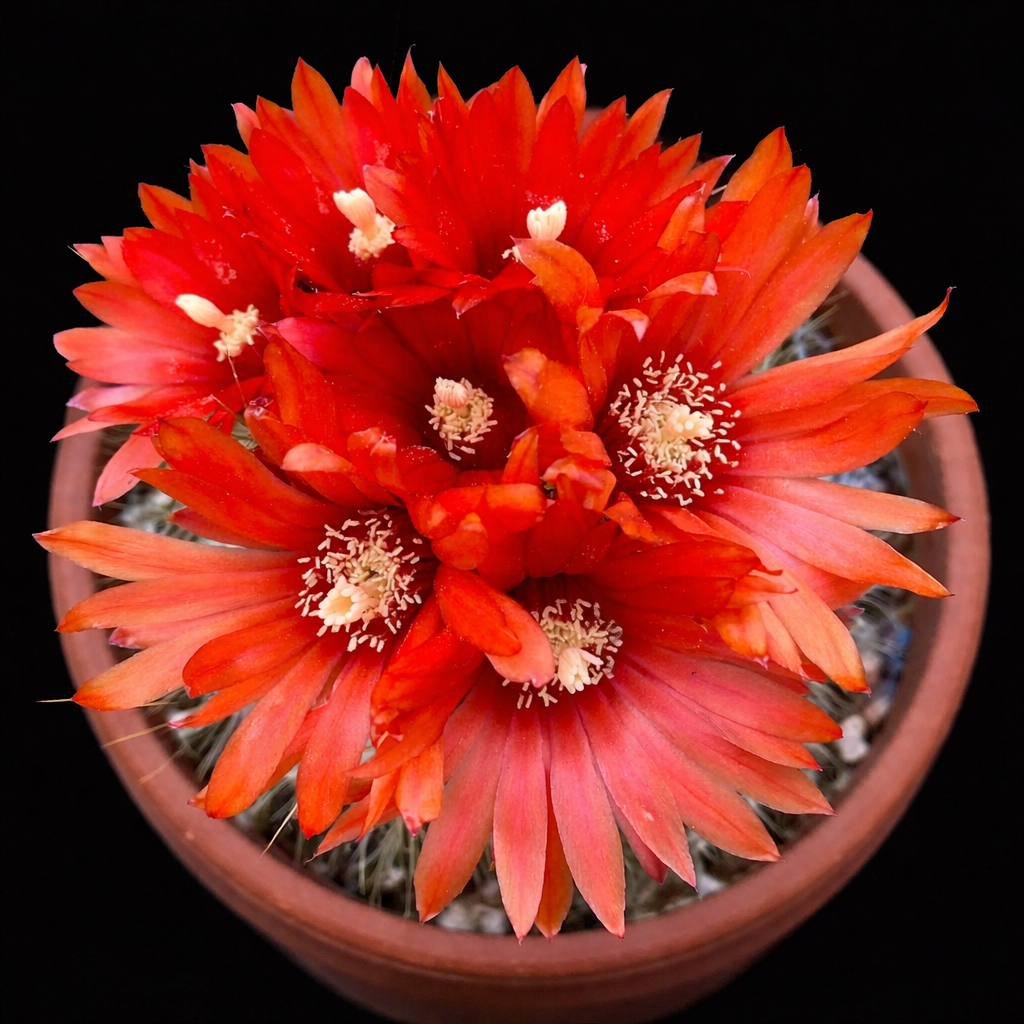 Parodia penicillata cactus with vibrant red-orange flowers in terracotta pot