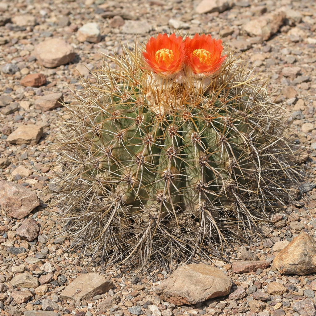 Parodia potosina cactus with bright orange flowers and dense spines on rocky soil