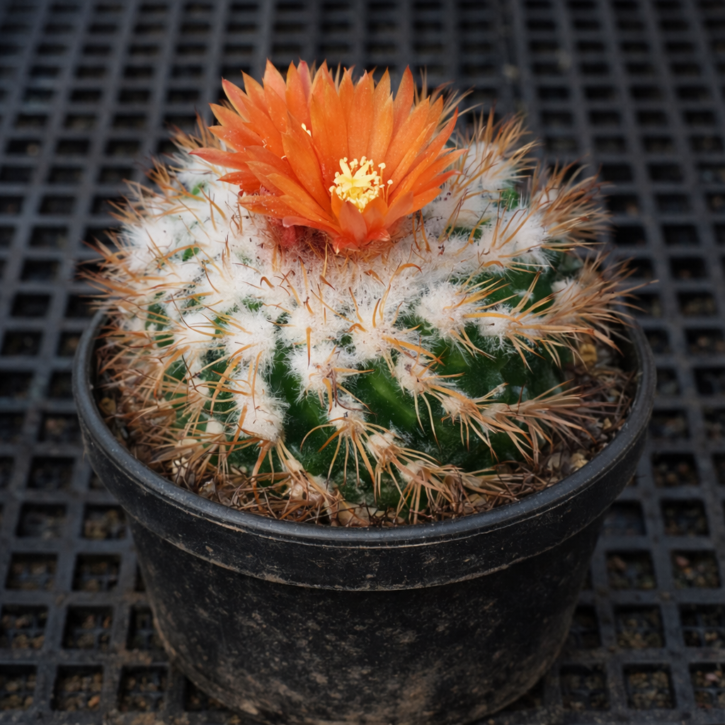 Cactus Parodia zecheri con areole lanose bianche e fiore arancione brillante in vaso nero