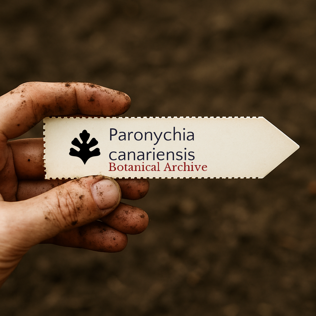 Printed plant label for Paronychia canariensis held by dirty hand over soil background