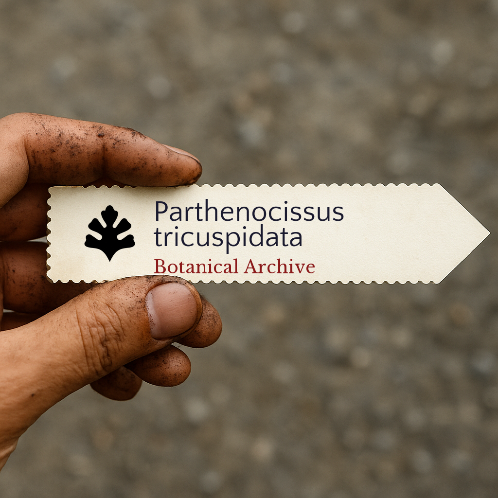 Printed plant label for Parthenocissus tricuspidata held by dirty hand outdoors