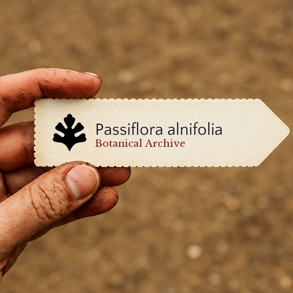 Etichetta vegetale stampata per Passiflora alnifolia tenuta in mano con sfondo di terreno