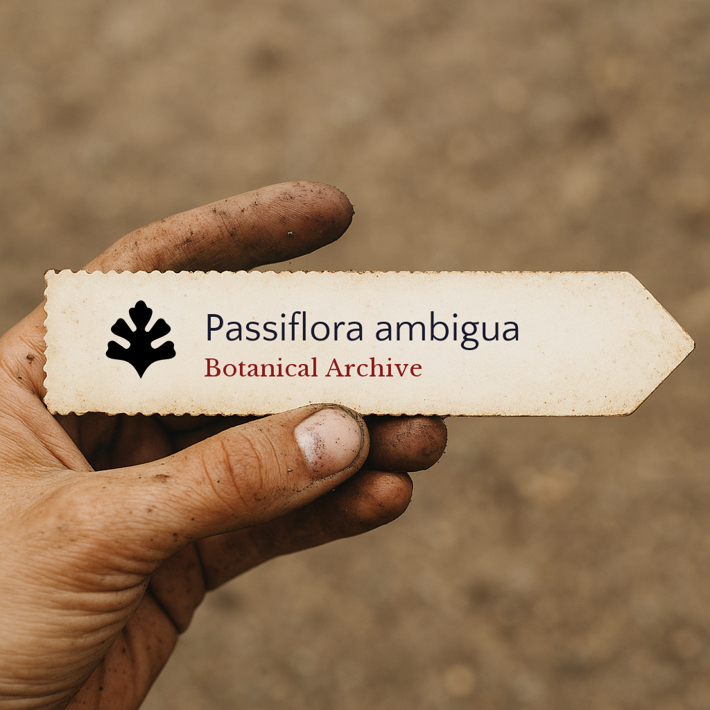 Printed plant label for Passiflora ambigua held by a dirty hand outdoors
