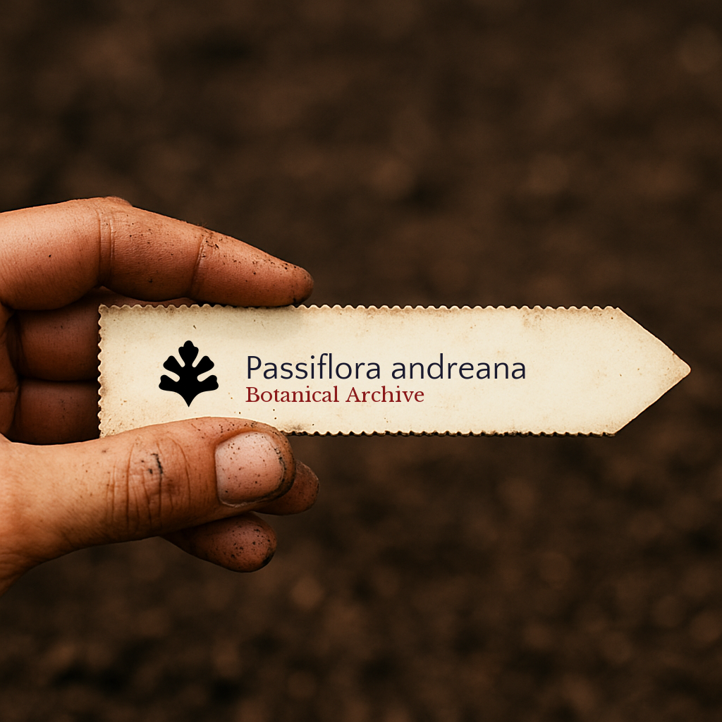 Etichetta stampata per pianta di Passiflora andreana tenuta da mano sporca su sfondo di terreno