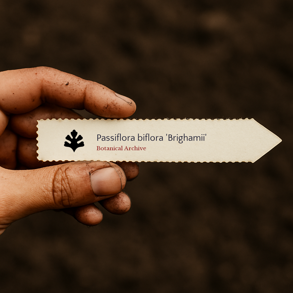 Printed plant label for Passiflora biflora 'Brighamii' held by dirty hand over soil background