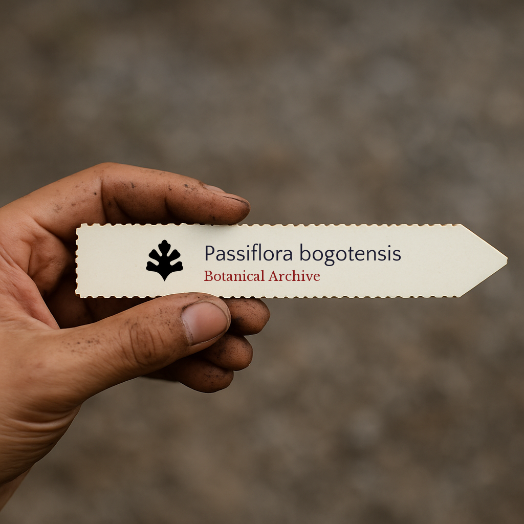 Printed plant label for Passiflora bogotensis held by dirty hand outdoors