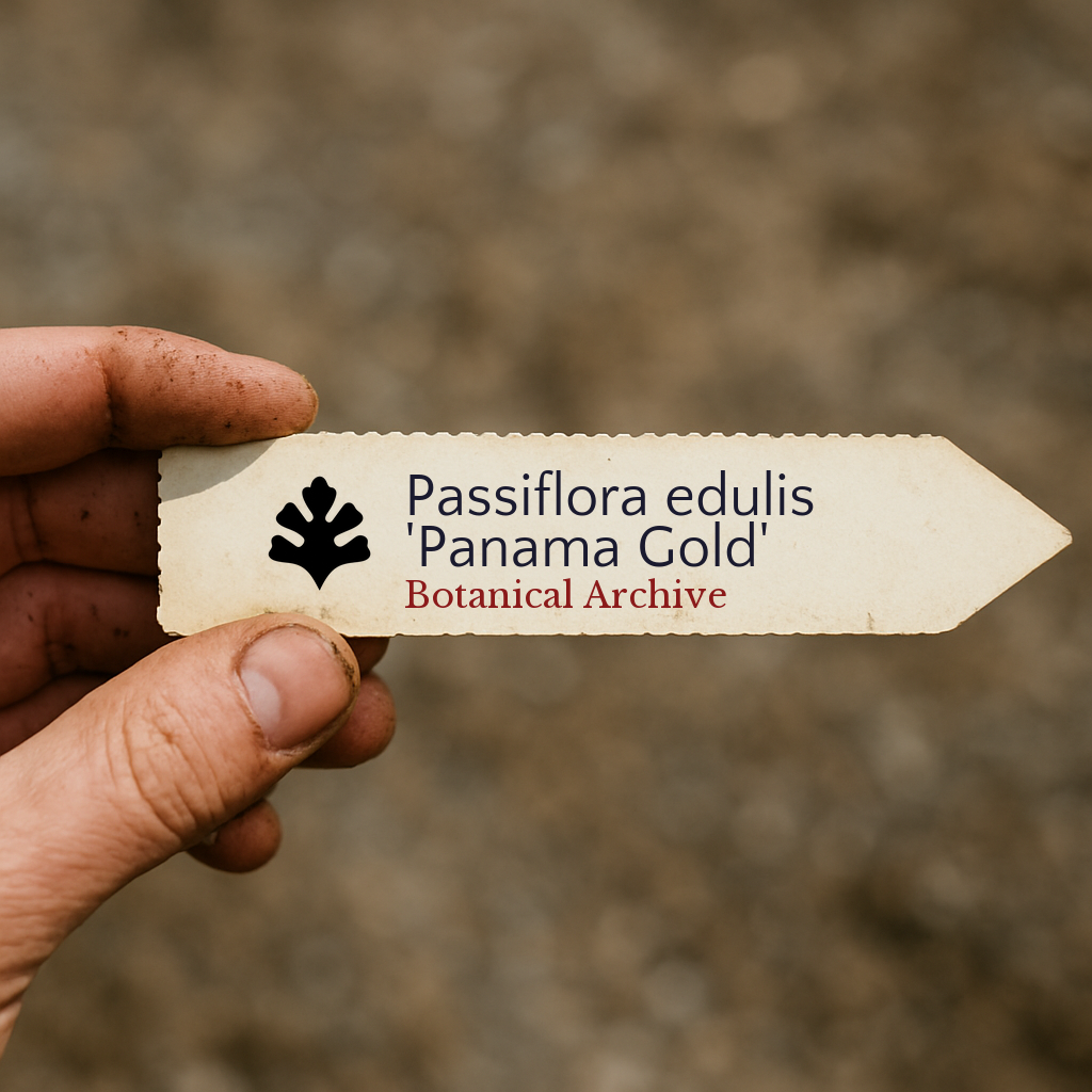 Printed plant label for Passiflora edulis 'Panama Gold' held by hand with dirt background