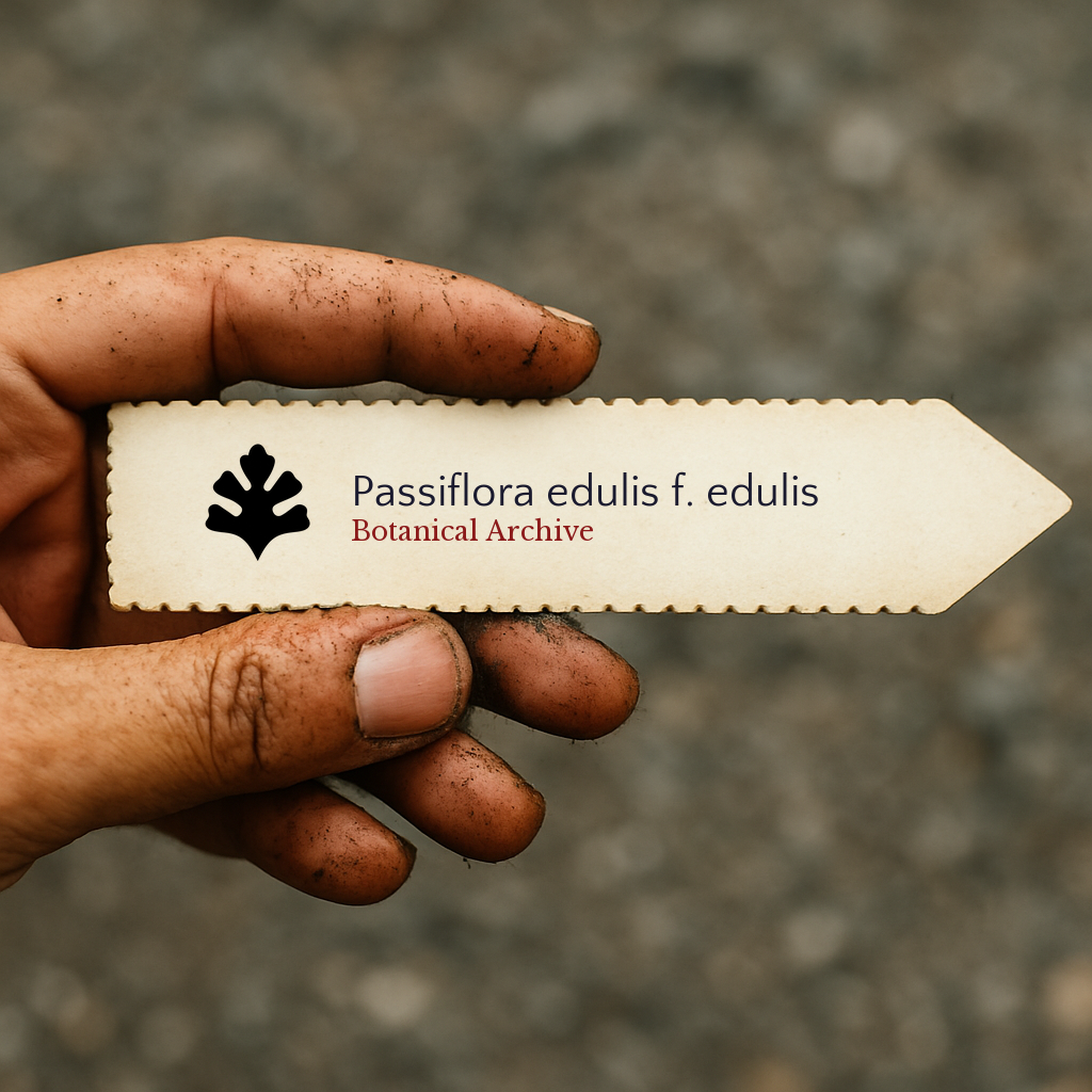 Printed plant label for Passiflora edulis f. edulis held by dirty hand outdoors