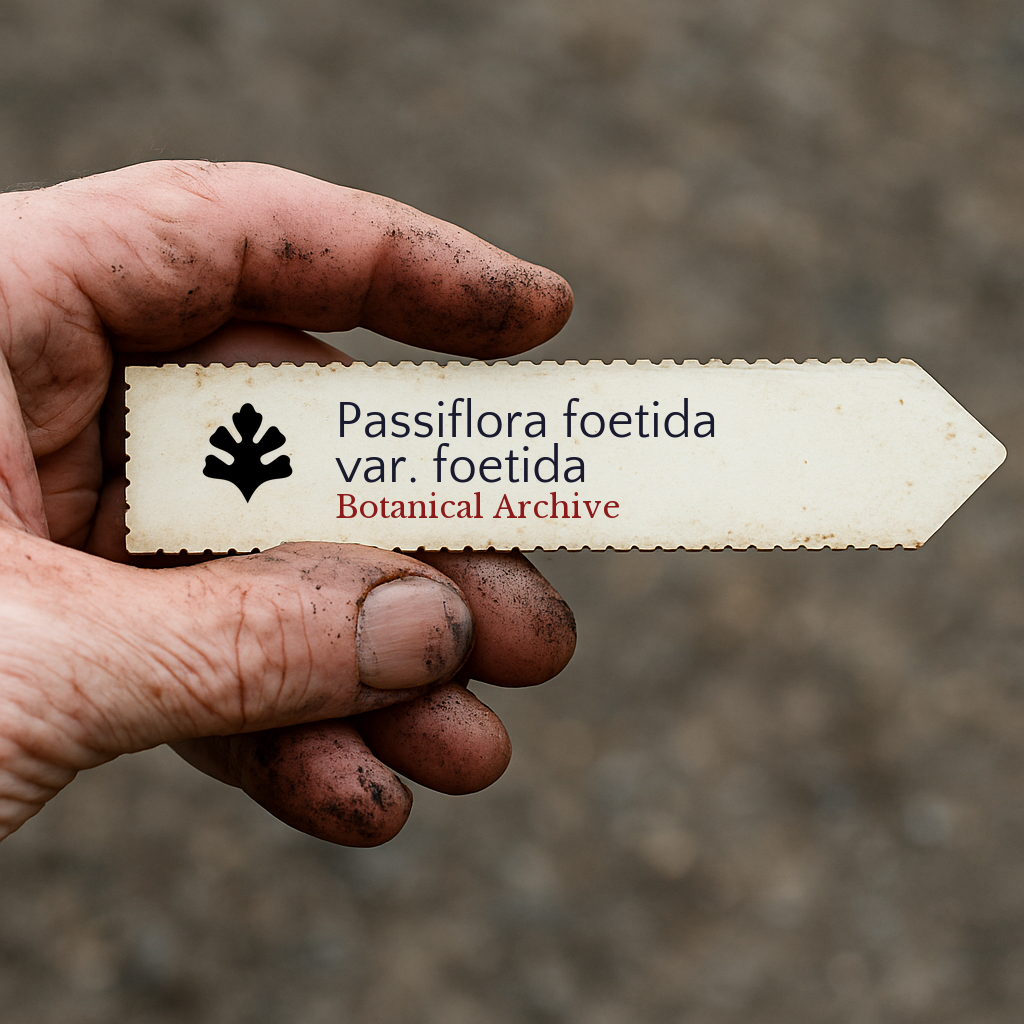 Printed plant label for Passiflora foetida var. foetida held by dirty hand outdoors