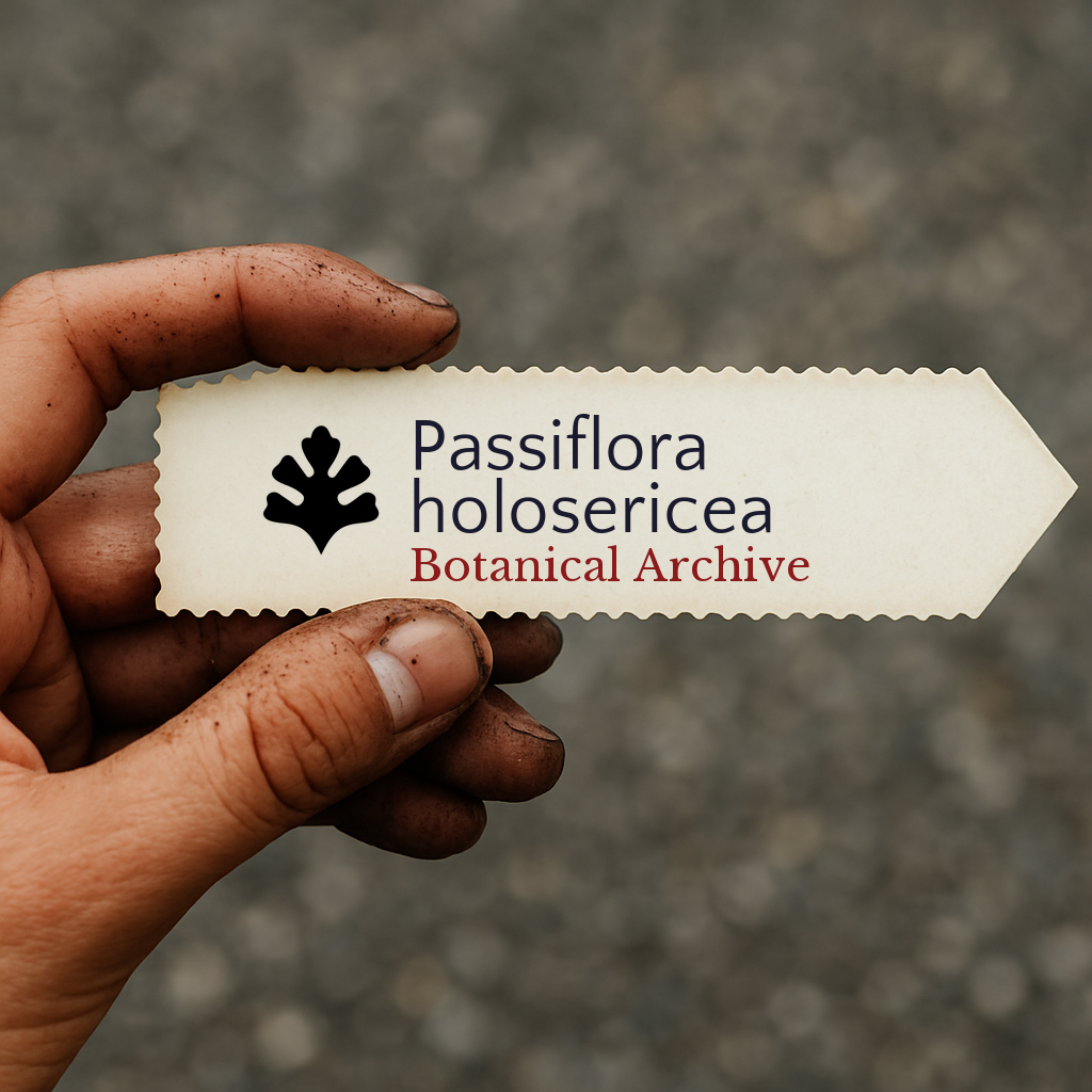 Printed plant label for Passiflora holosericea held by hand with dirt on fingers