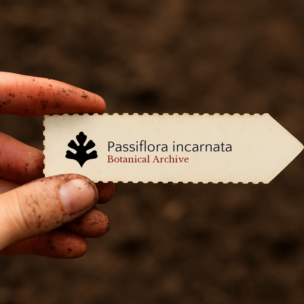 Etichetta per pianta stampata per Passiflora incarnata tenuta da una mano sporca su sfondo di terreno