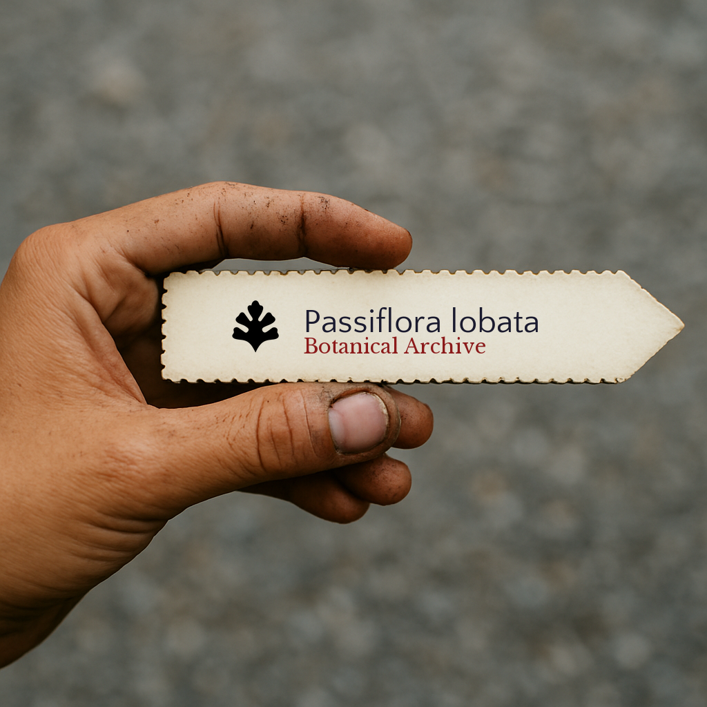 Printed plant label for Passiflora lobata held by hand with dirt on fingers
