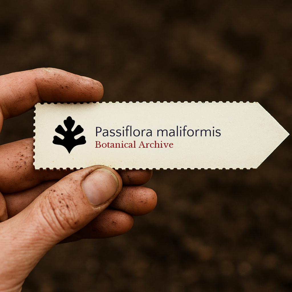 Etichetta stampata per pianta di Passiflora maliformis tenuta da mano sporca su sfondo di terreno