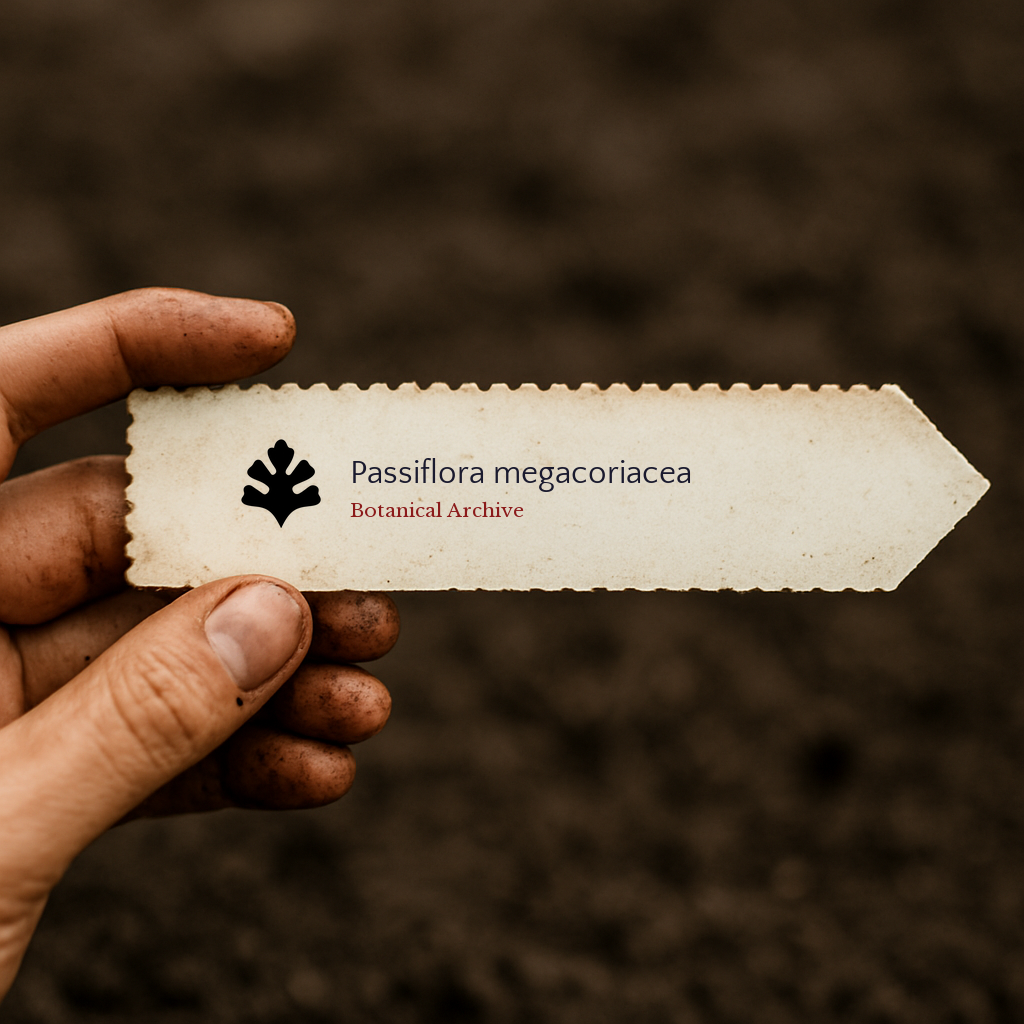 Printed plant label for Passiflora megacoriacea held by dirty hand over soil background