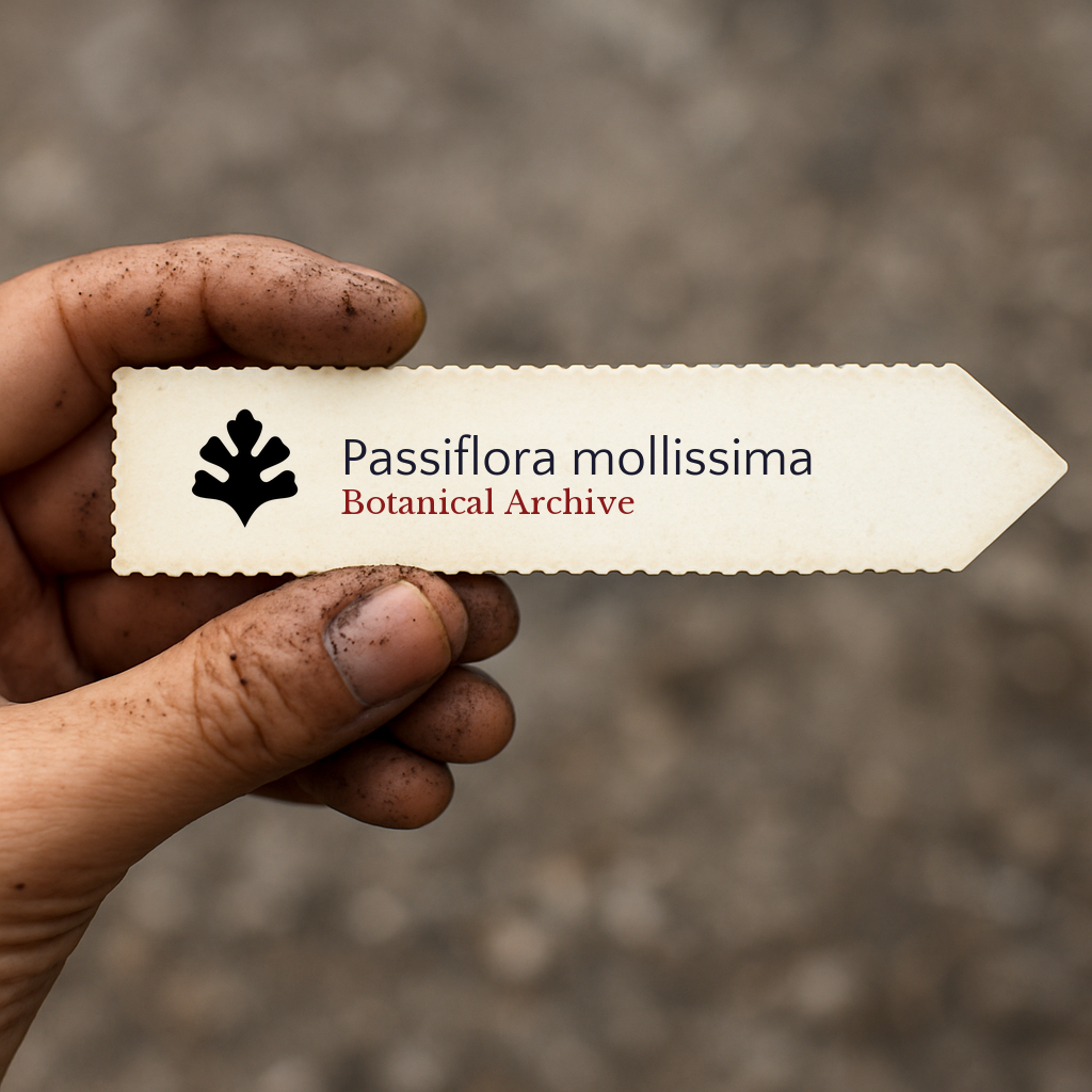Printed plant label for Passiflora mollissima held by dirty hand outdoors