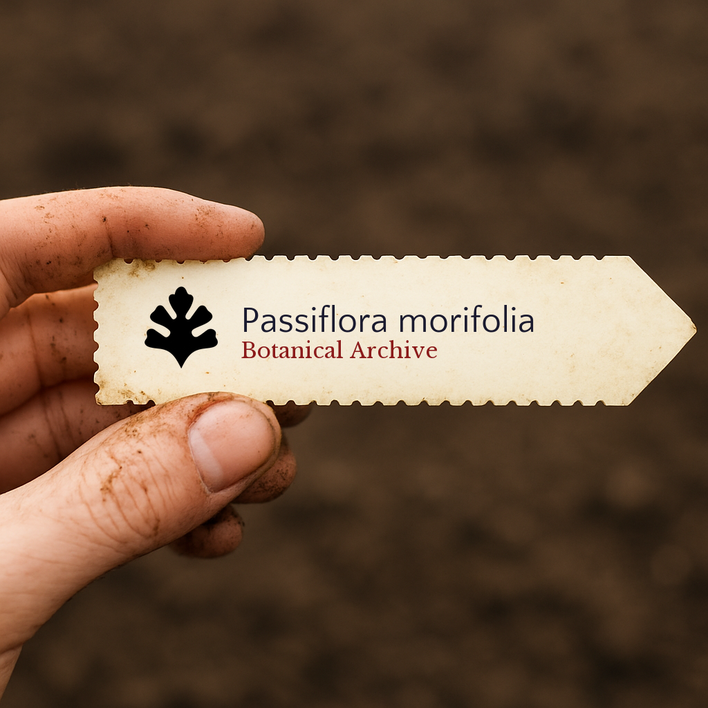Printed plant label for Passiflora morifolia held by dirty hand over soil background