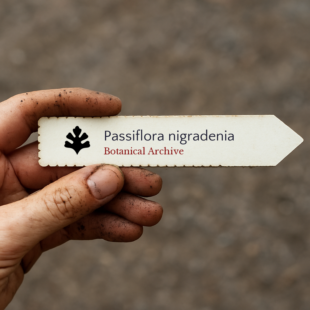 Printed plant label for Passiflora nigradenia held by dirty hand with blurred background