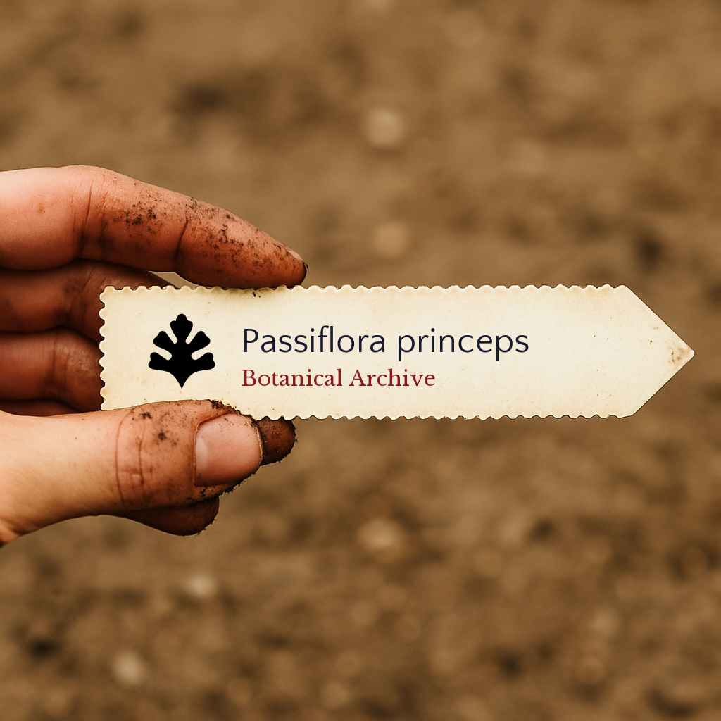 Etichetta stampata per pianta di Passiflora princeps tenuta da mano sporca su sfondo di terreno