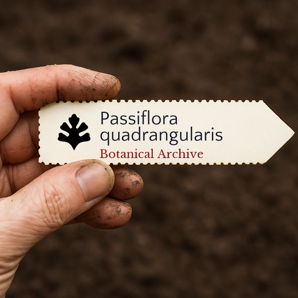 Printed plant label for Passiflora quadrangularis held by dirty hand over soil background