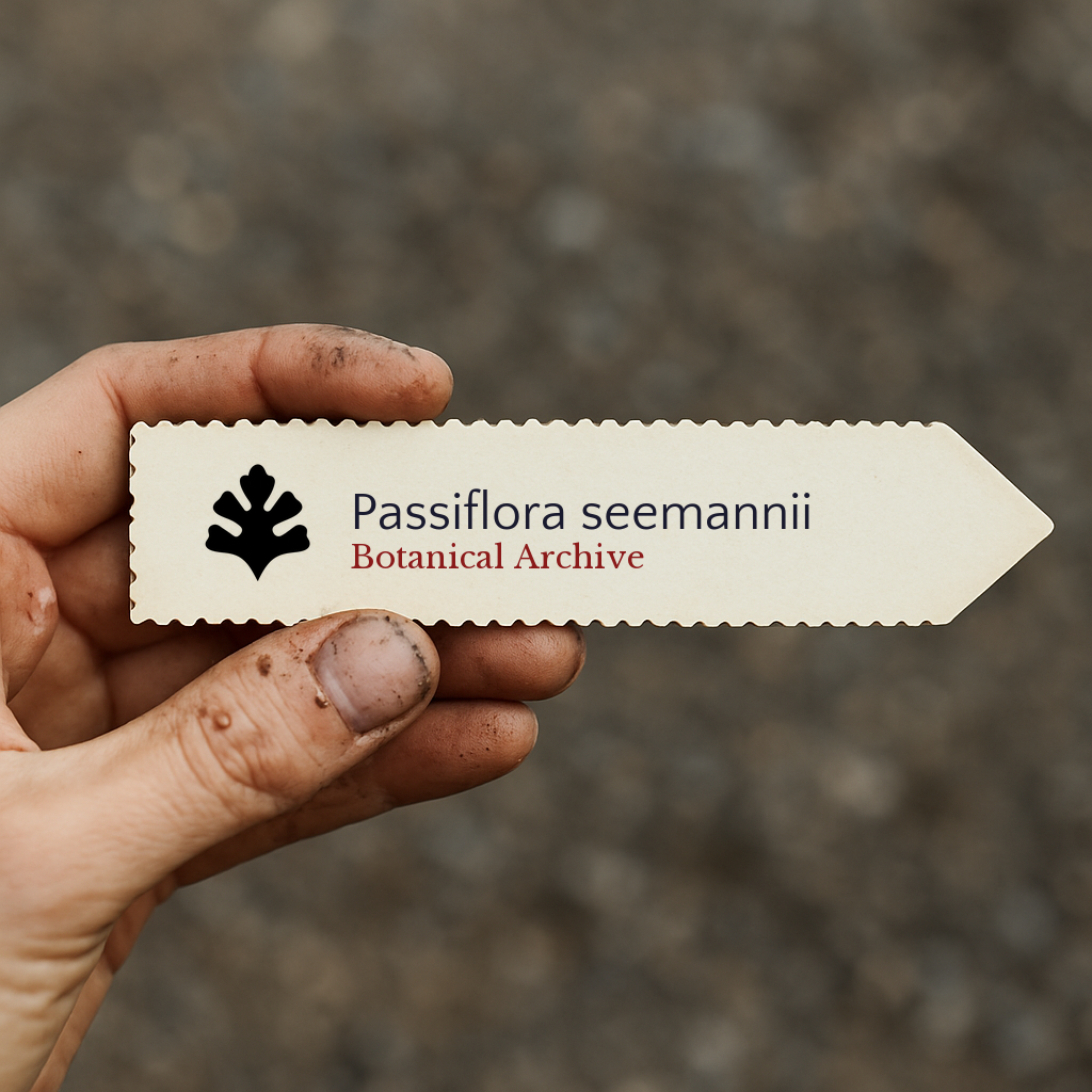 Printed plant label for Passiflora seemannii held by hand with soil-stained fingers
