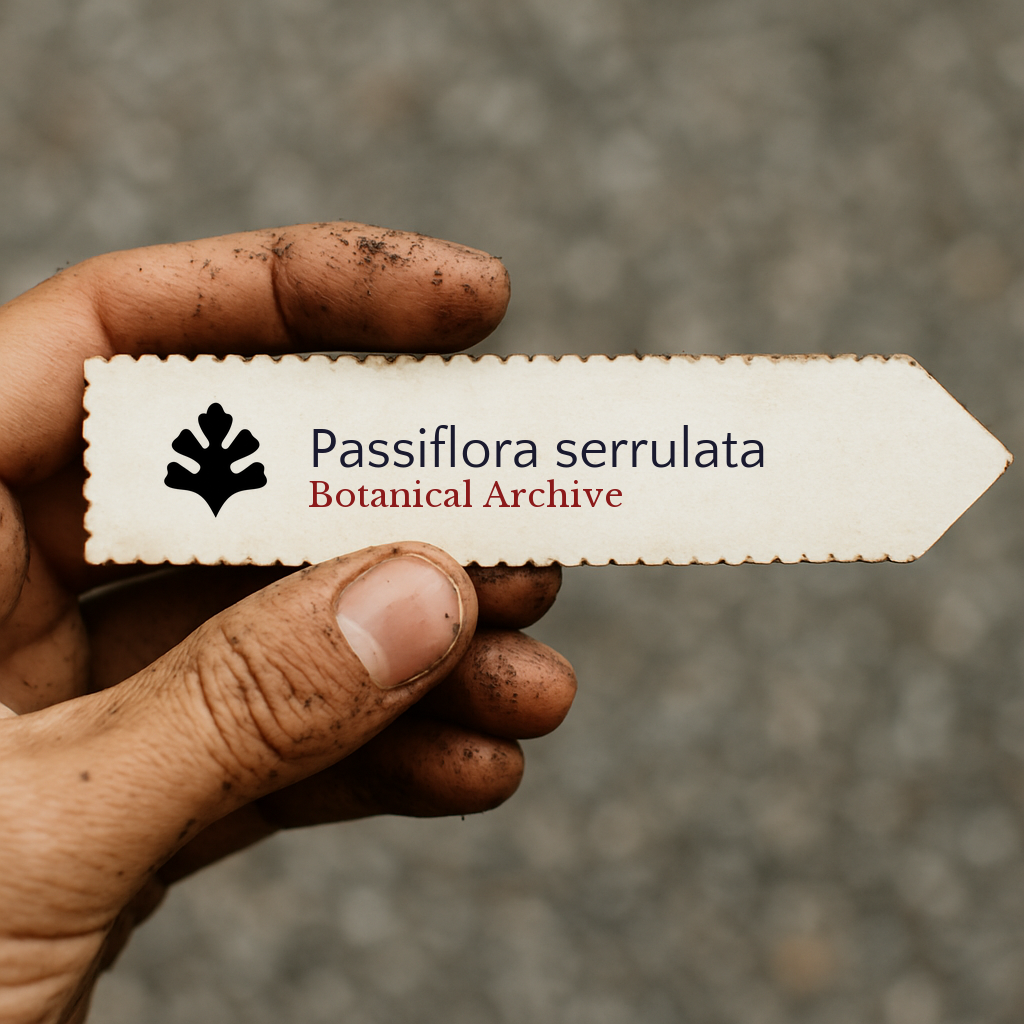 Printed plant label for Passiflora serrulata held by dirty hand outdoors