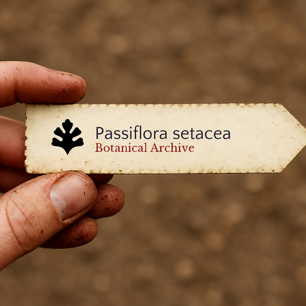 Etichetta per pianta stampata per Passiflora setacea con logo Botanical Archive tenuta a mano