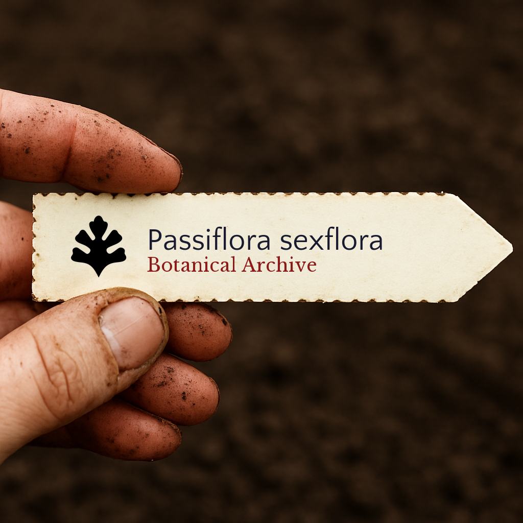 Etichetta stampata per pianta di Passiflora sexflora tenuta da mano sporca su sfondo di terreno