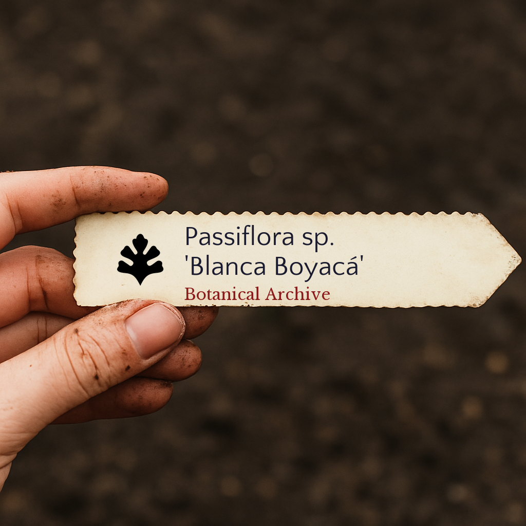 Printed plant label for Passiflora sp. 'Blanca Boyacá' held over soil background