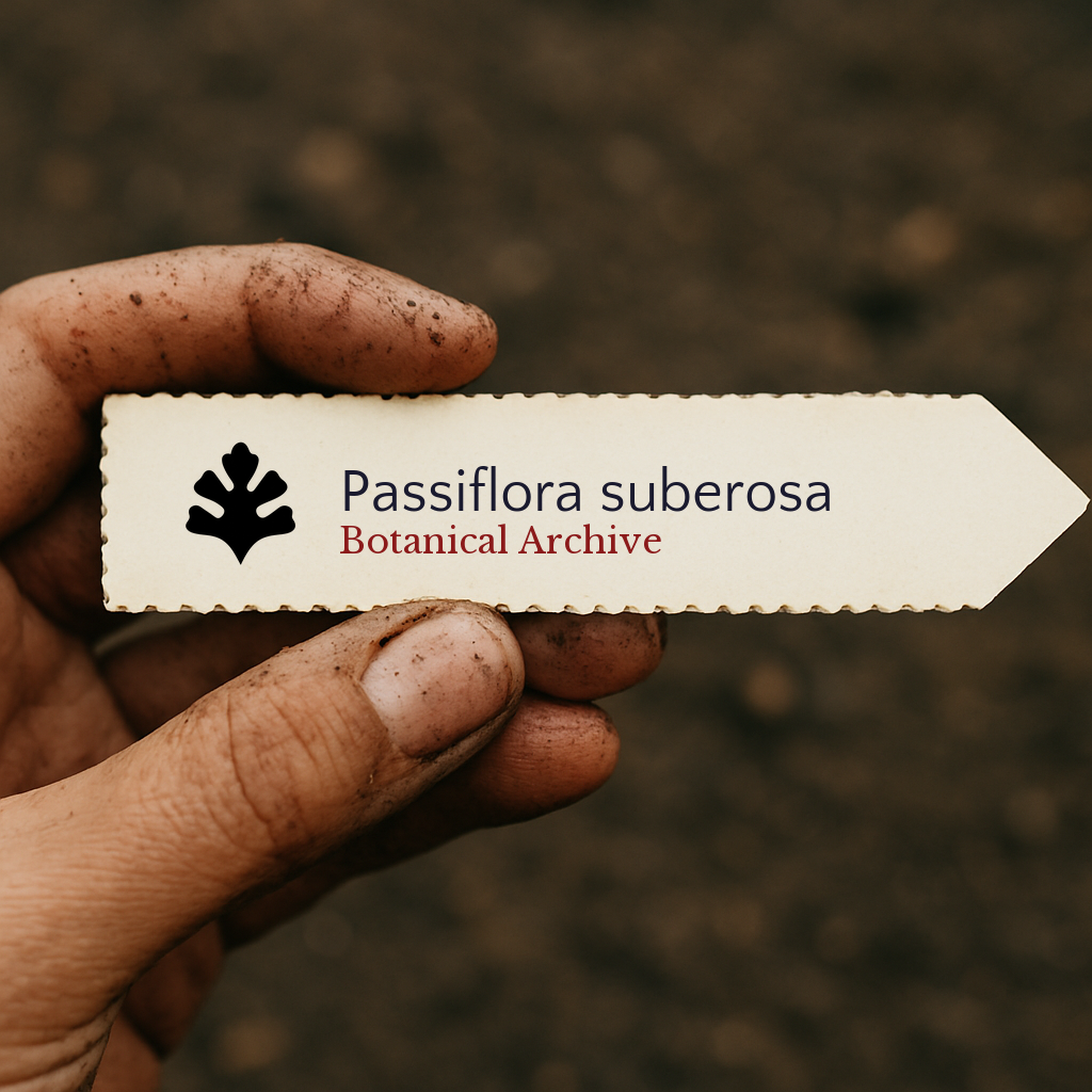 Etichetta per pianta stampata per Passiflora suberosa tenuta da mano sporca su sfondo di terra