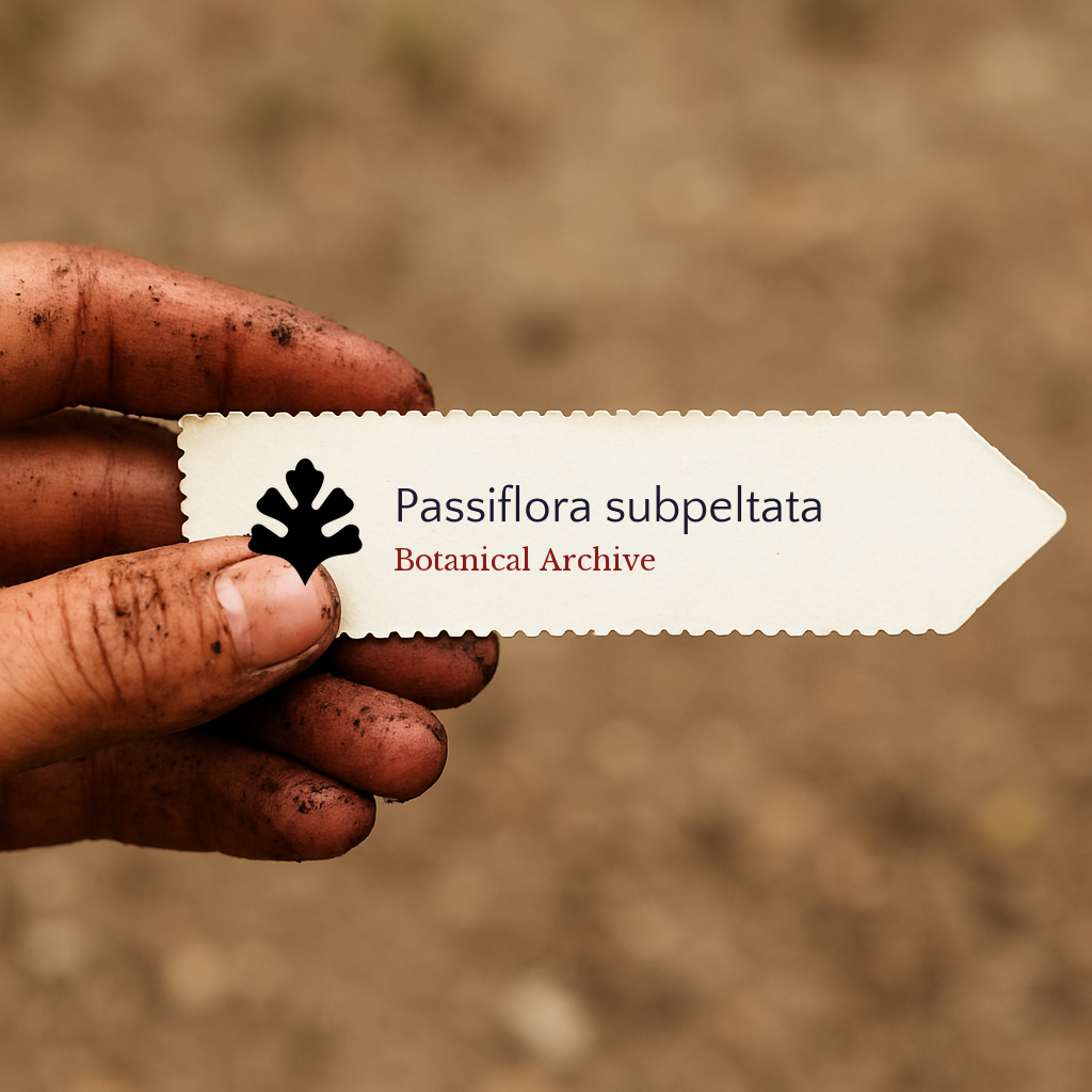 Printed plant label for Passiflora subpeltata held by dirty hand against soil background
