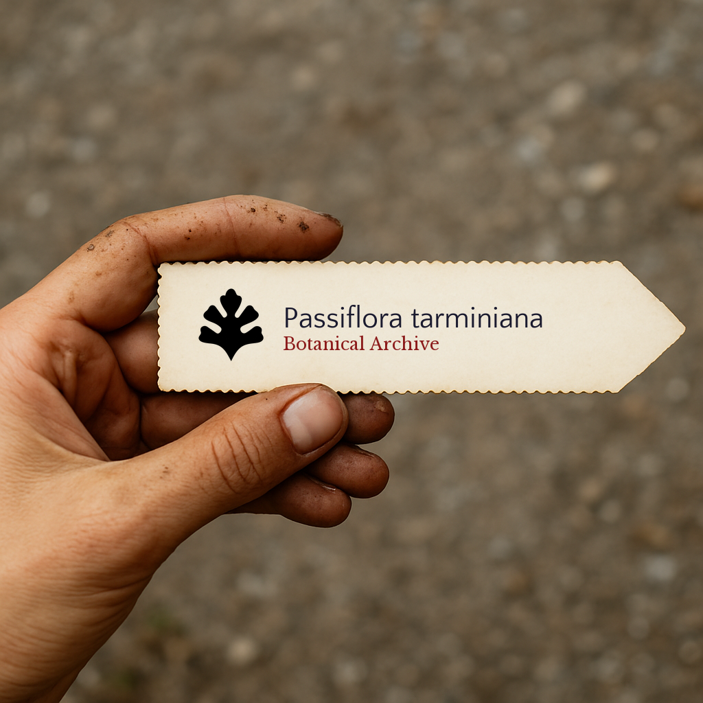 Printed plant label for Passiflora tarminiana with botanical archive logo held by hand
