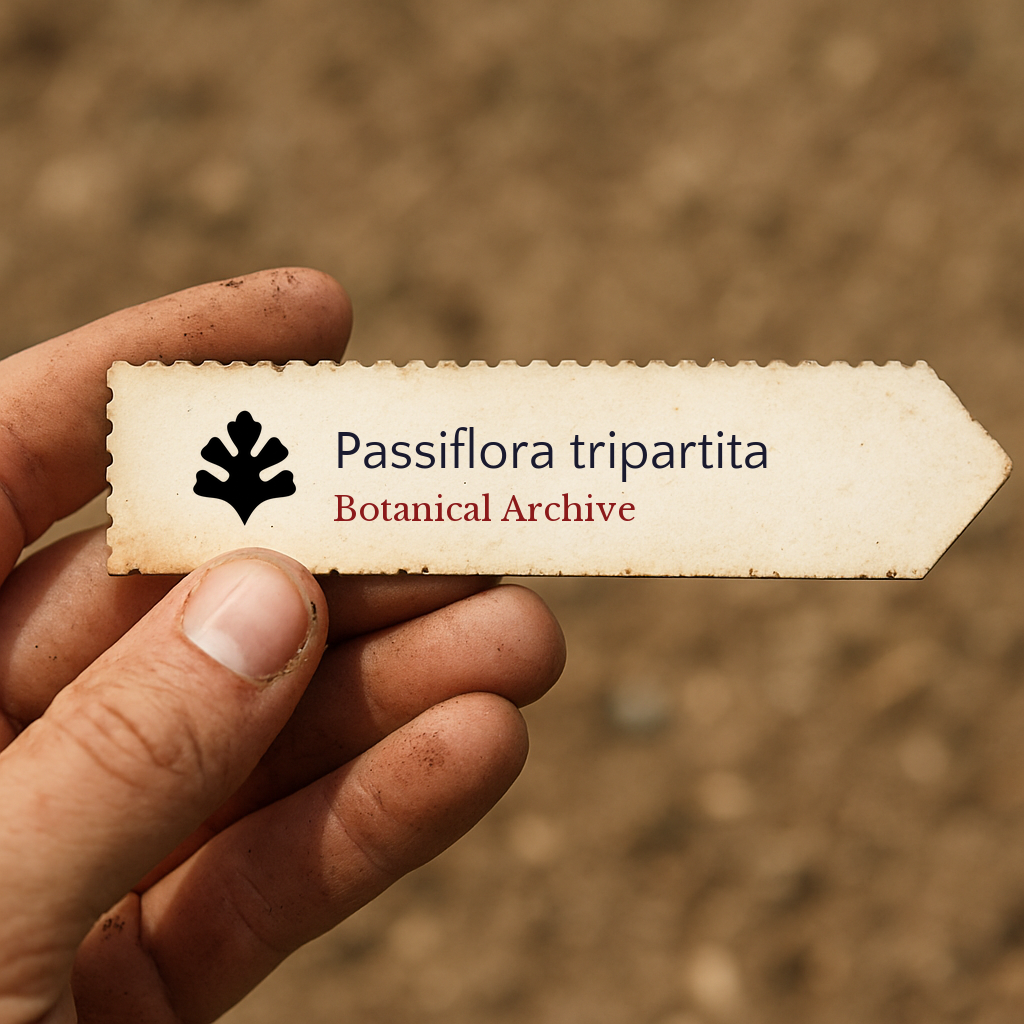 Printed plant label for Passiflora tripartita with botanical archive logo held by hand