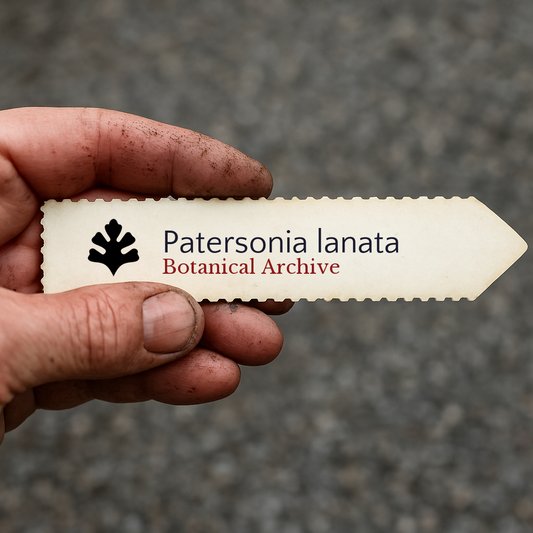 Plant label for Patersonia lanata Botanical Archive held by dirty hand outdoors