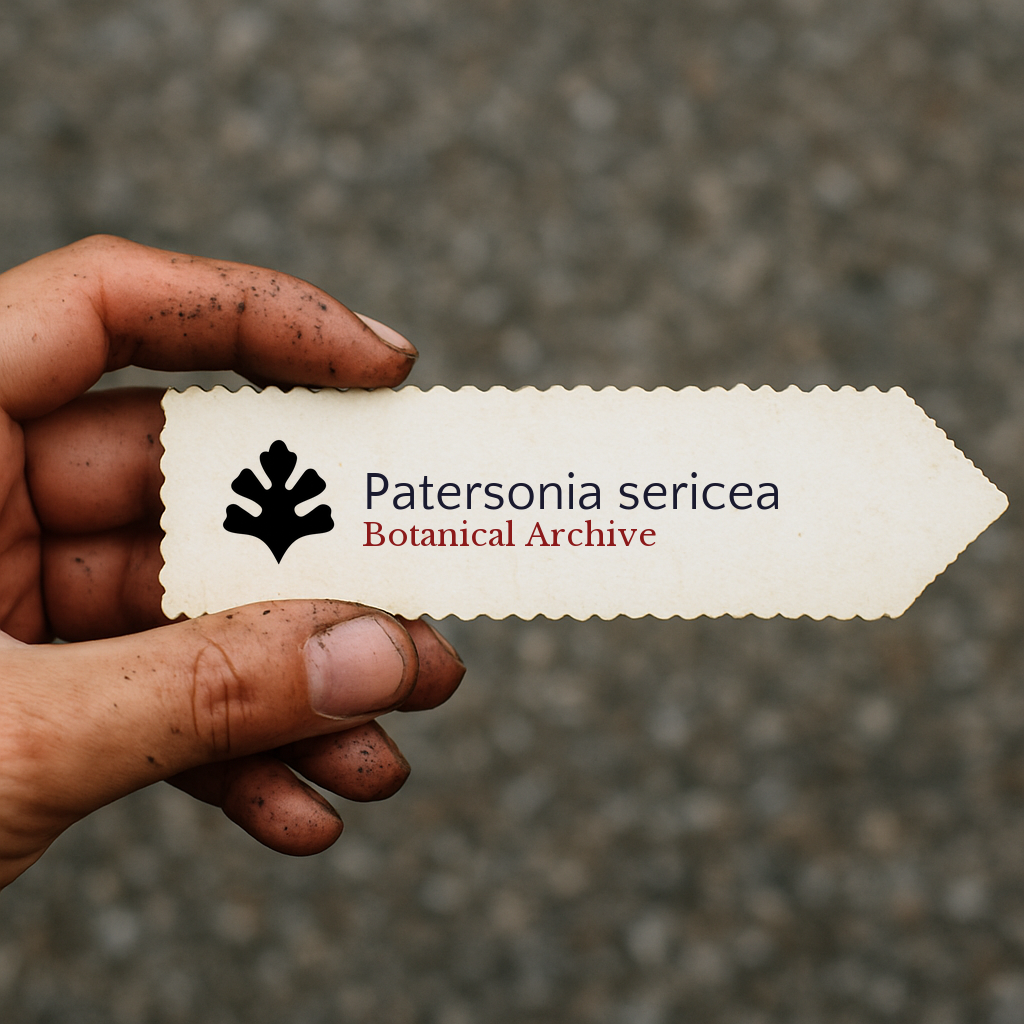 Printed plant label for Patersonia sericea with botanical archive logo held by dirty hand