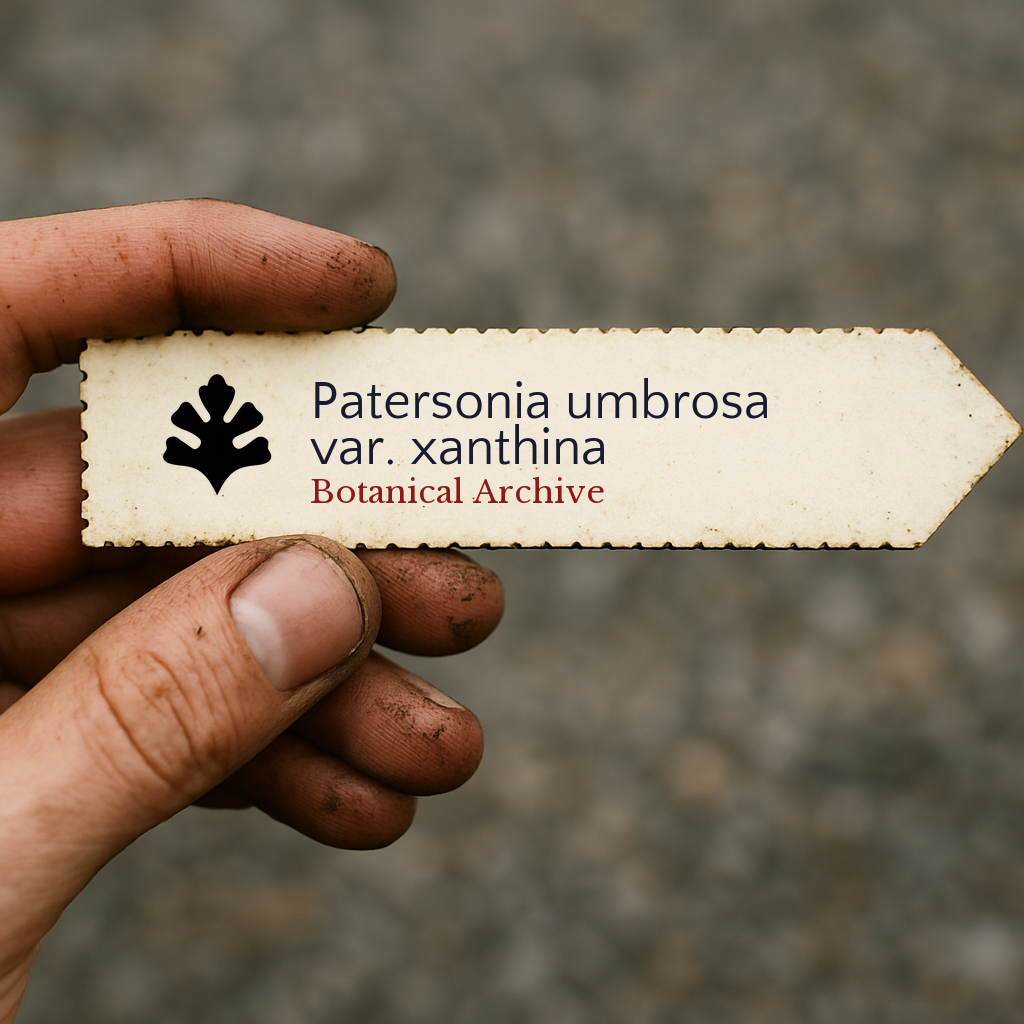 Etichetta per pianta stampata per Patersonia umbrosa var. xanthina tenuta a mano con dita sporche di terra