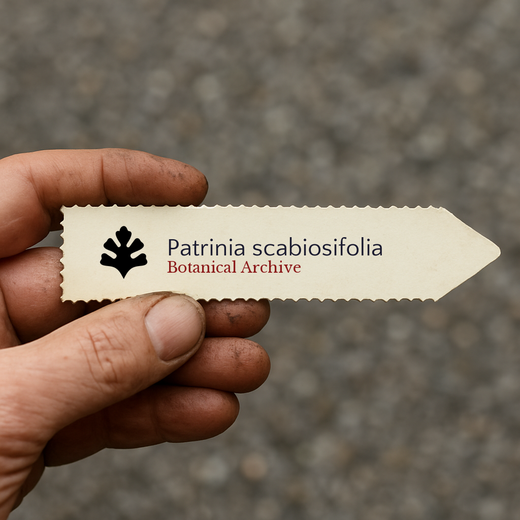 Etichetta per pianta stampata di Patrinia scabiosifolia tenuta a mano con sfondo di terra