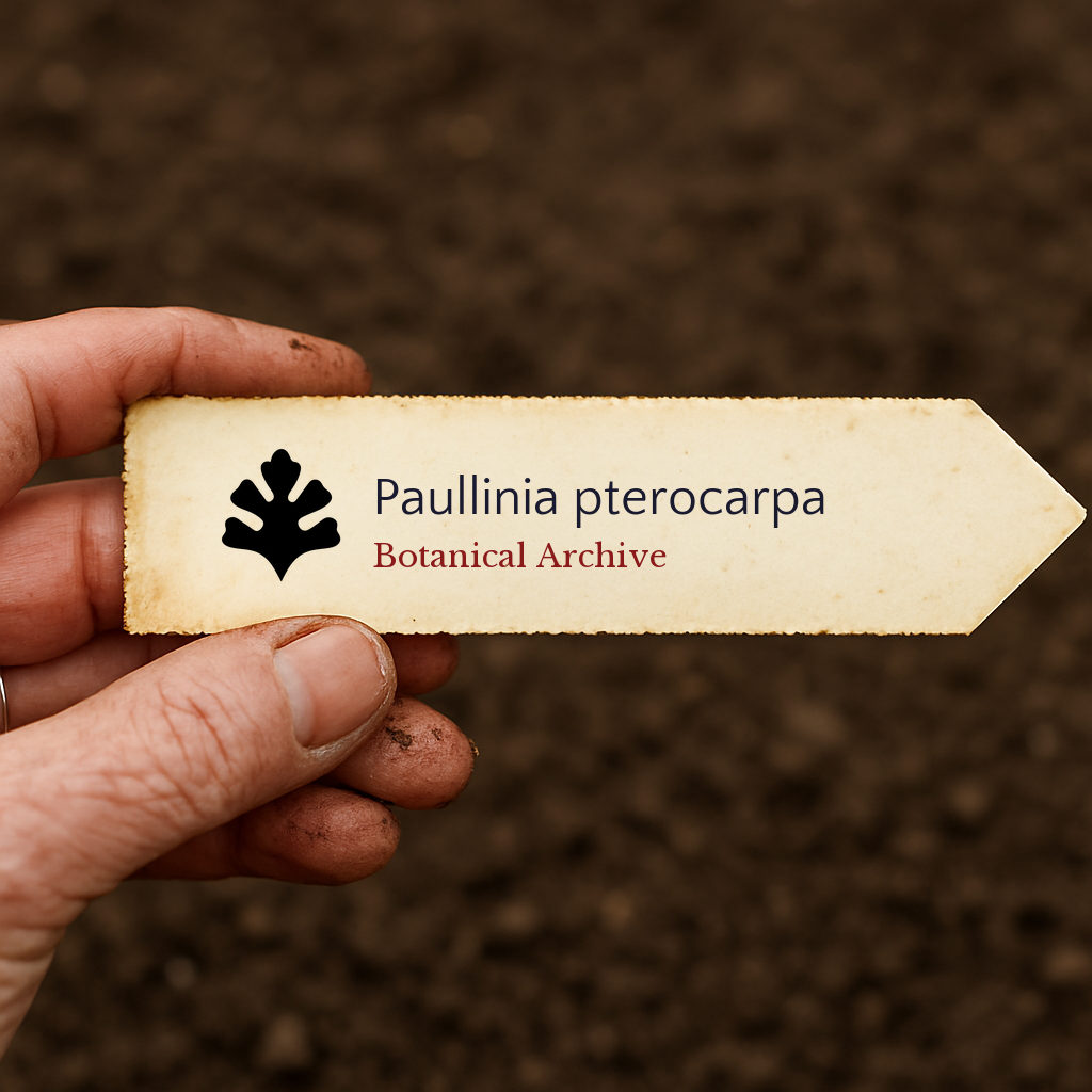 Etichetta stampata per pianta di Paullinia pterocarpa tenuta sopra sfondo di terreno