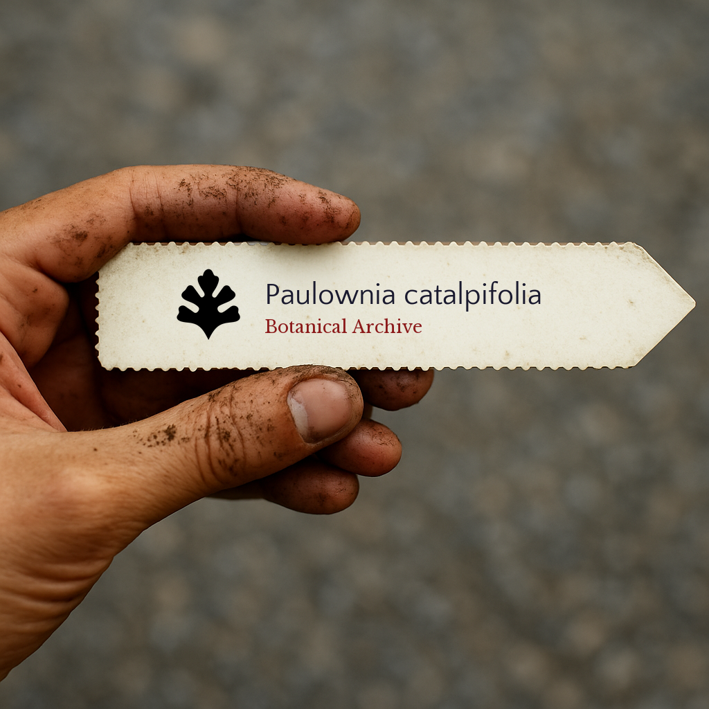 Etichetta della pianta stampata per Paulownia catalpifolia tenuta da una mano sporca di terra