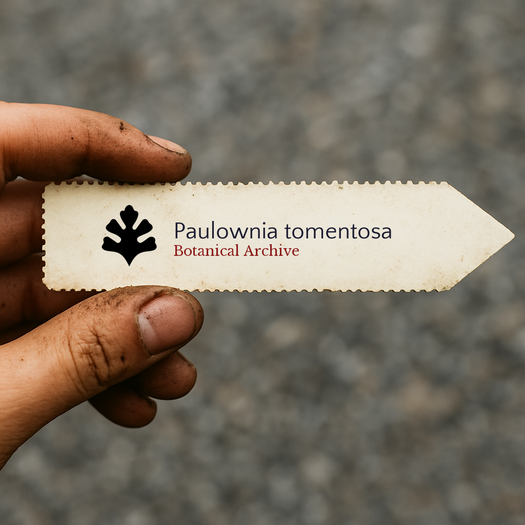 Etichetta stampata per pianta di Paulownia tomentosa tenuta da mano sporca contro sfondo sfocato