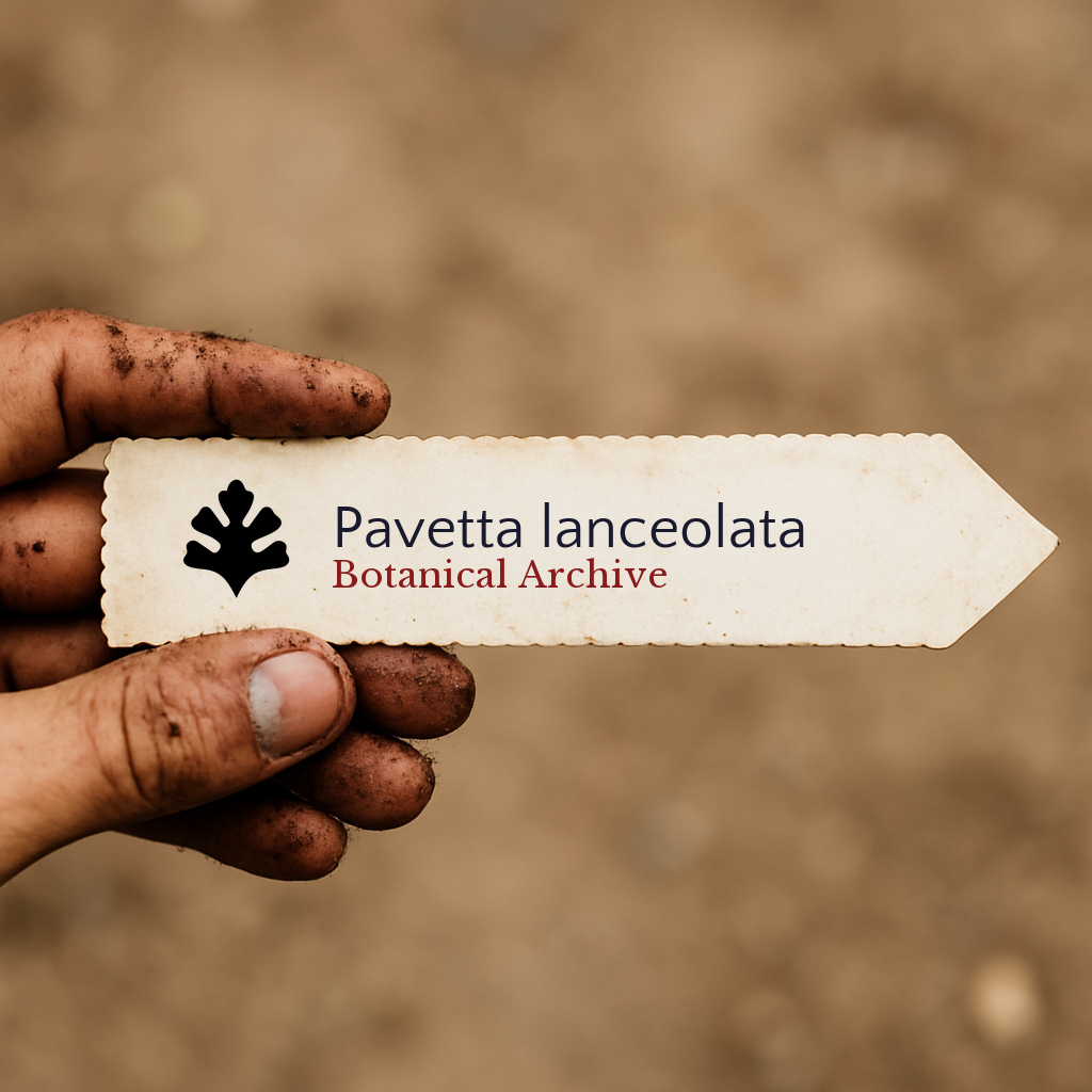 Etichetta per pianta stampata per Pavetta lanceolata tenuta da una mano sporca su sfondo di terreno
