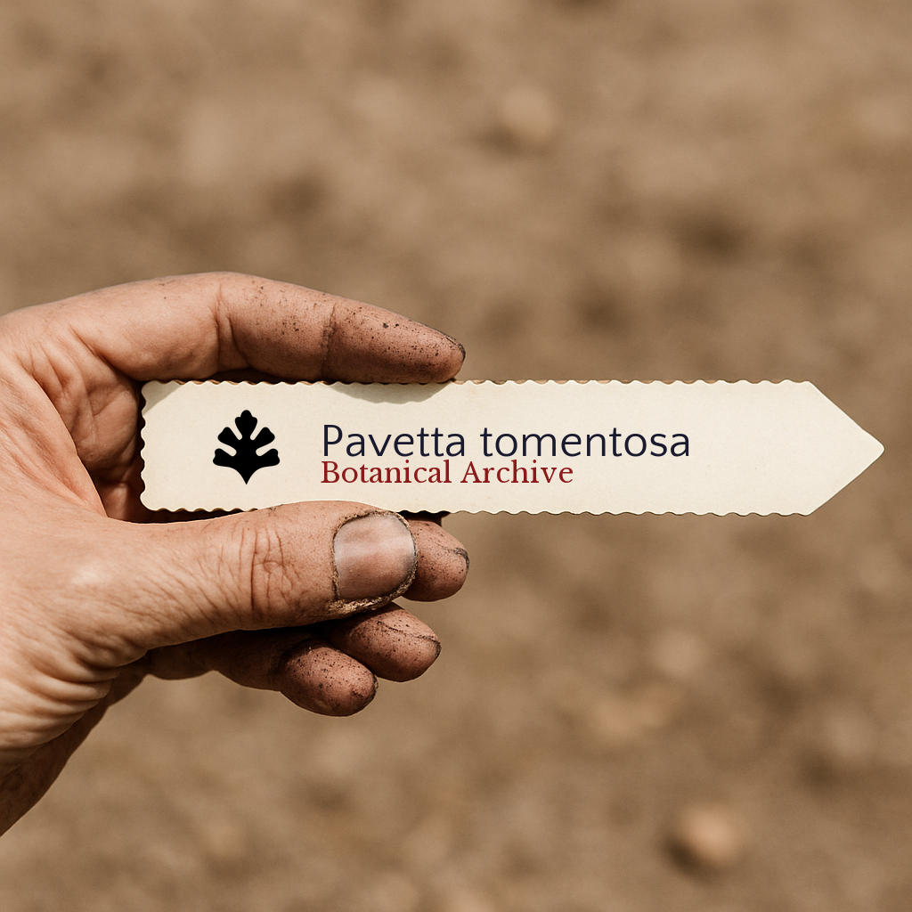 Printed plant label for Pavetta tomentosa held by dirty hand over soil background