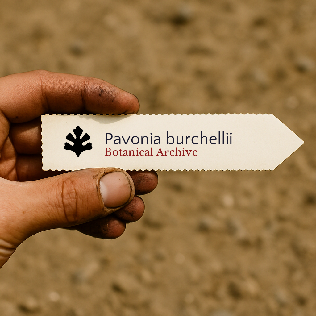 Printed plant label for Pavonia burchellii held by hand with soil background
