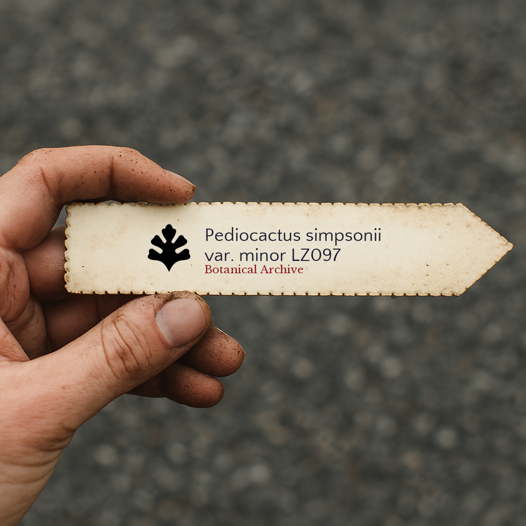 Printed plant label for Pediocactus simpsonii var. minor held by hand with dirt background