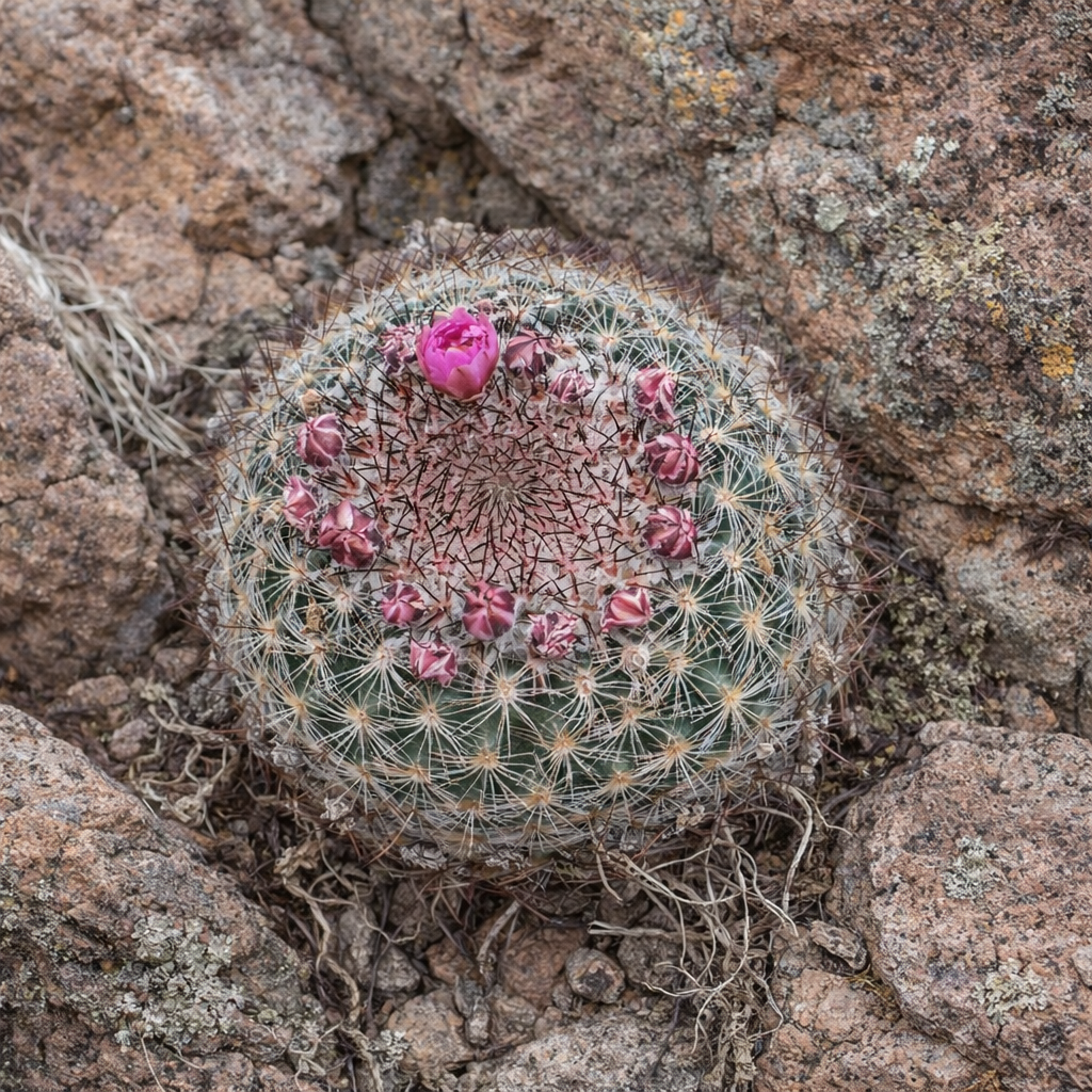 Pediocactus simpsonii rare cactus with pink flower buds growing among rocky soil